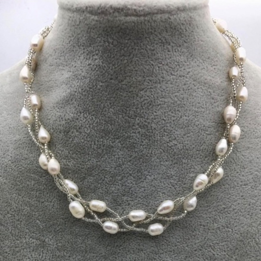 15.5" 3 Row White Cultured Pearl Choker Necklace